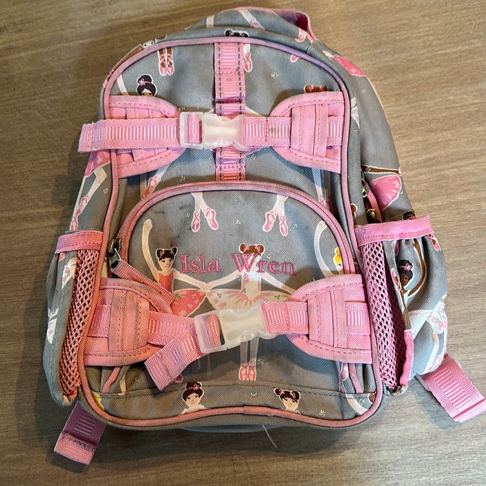 Pottery barn toddler back packed, monogrammed with “Isla Wren”